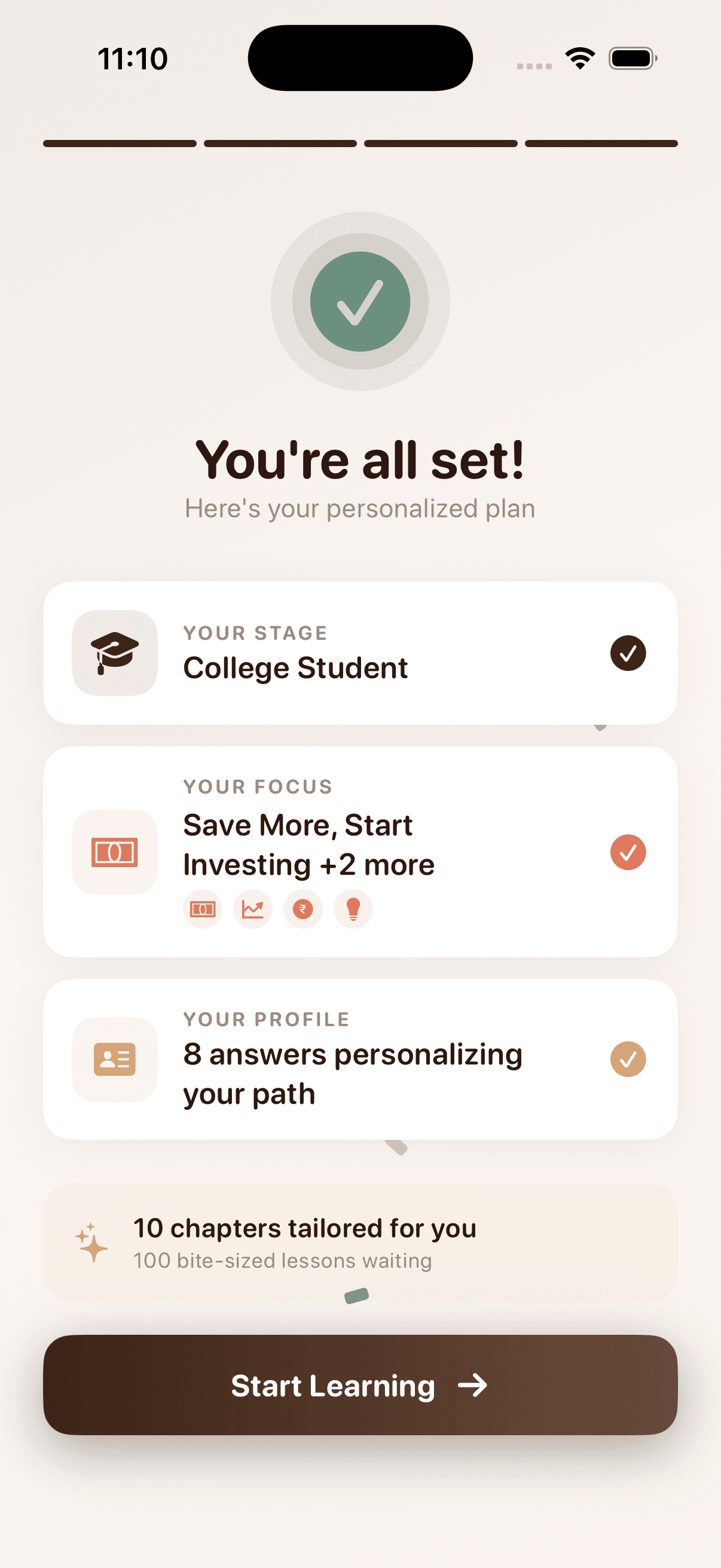 Finlo, your personalized plan, 10 chapters tailored for you